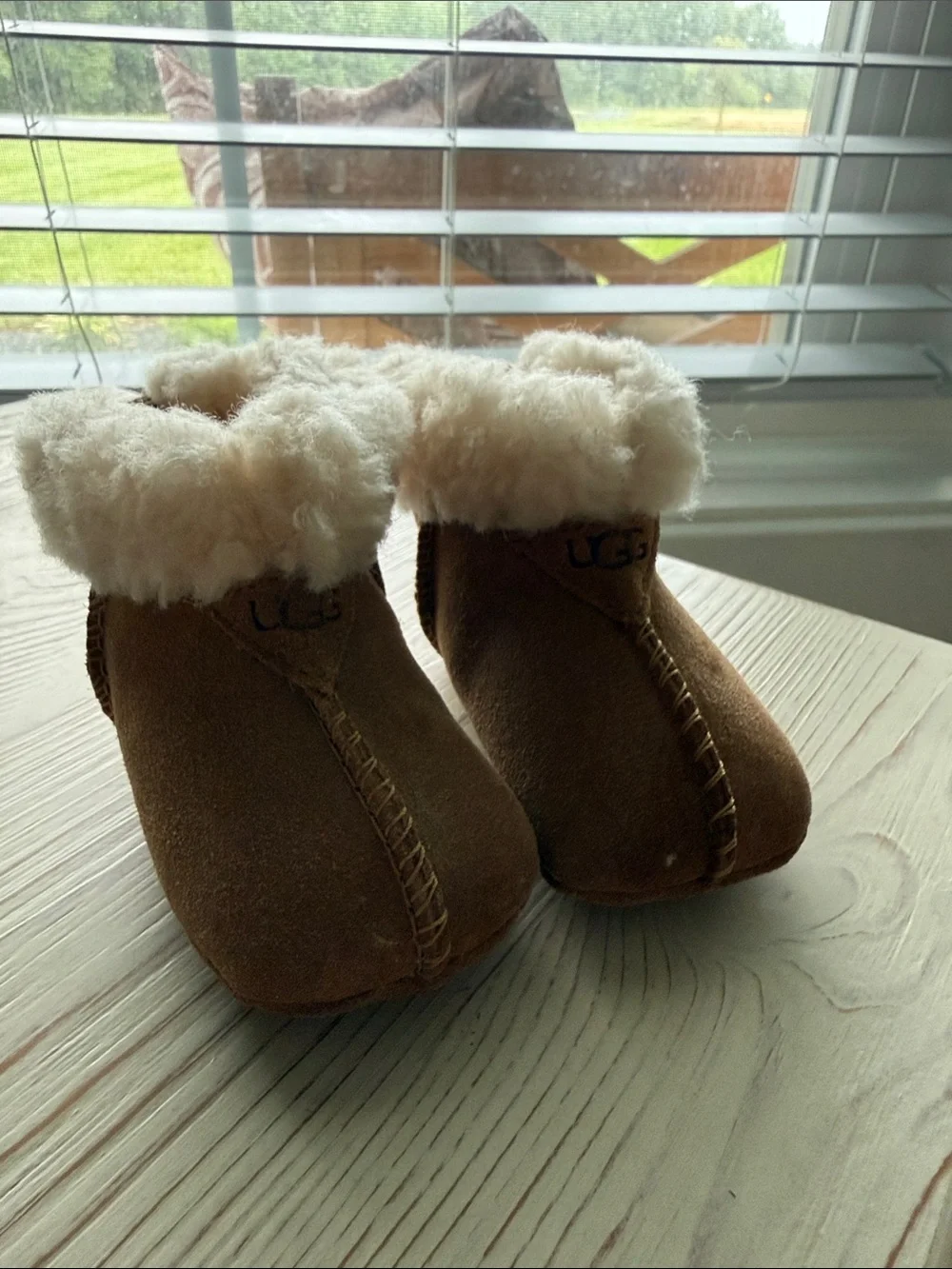 UGG Chestnut Suede Baby Booties with Cream Fur Cuff